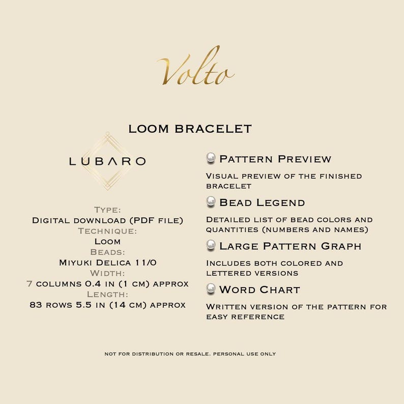 May include: A digital download pattern for a loom bracelet. The pattern includes a visual preview of the finished bracelet, a bead legend, a large pattern graph, and a word chart. The pattern is for a bracelet that is 5.5 inches long and 0.4 inches wide.