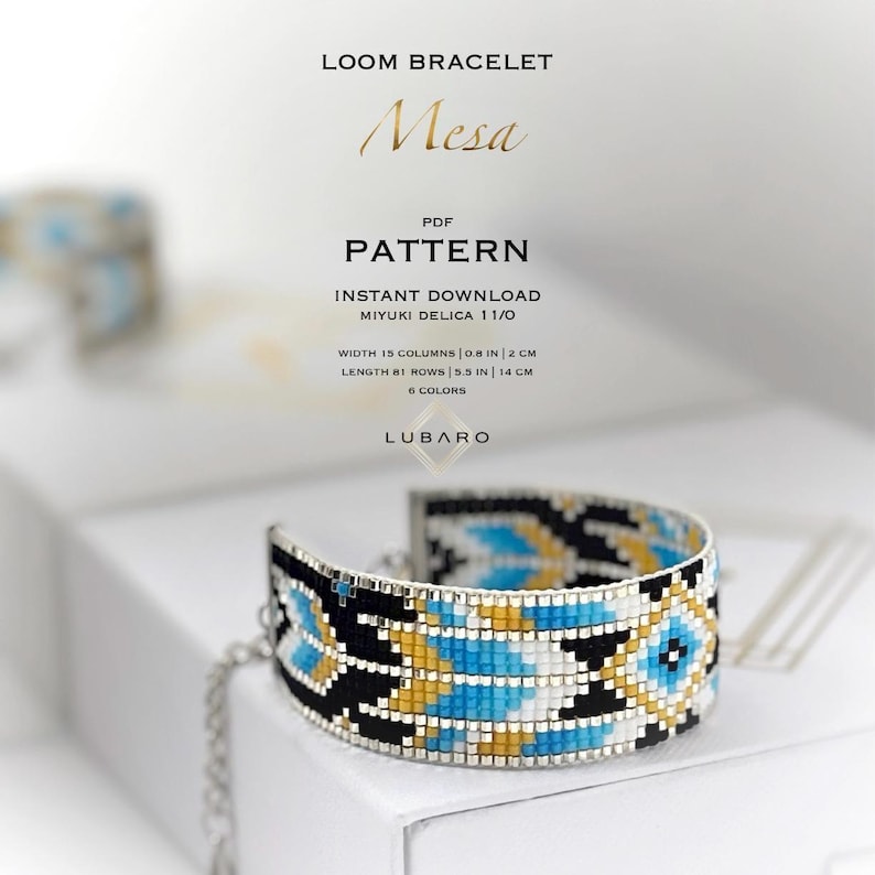 Blauw wit zwart weefgetouw kralenarmbandpatroon: inheemse stijl (pdf-patroon) - Mesa afbeelding 1