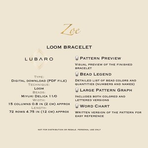 Puede incluir: Un patr&oacute;n de descarga digital para un brazalete de telar llamado "Zoe" de Lubaro. El patr&oacute;n incluye una leyenda de cuentas, un gr&aacute;fico de patr&oacute;n grande y una tabla de palabras. El brazalete tiene 2 cm de ancho y 12 cm de largo.