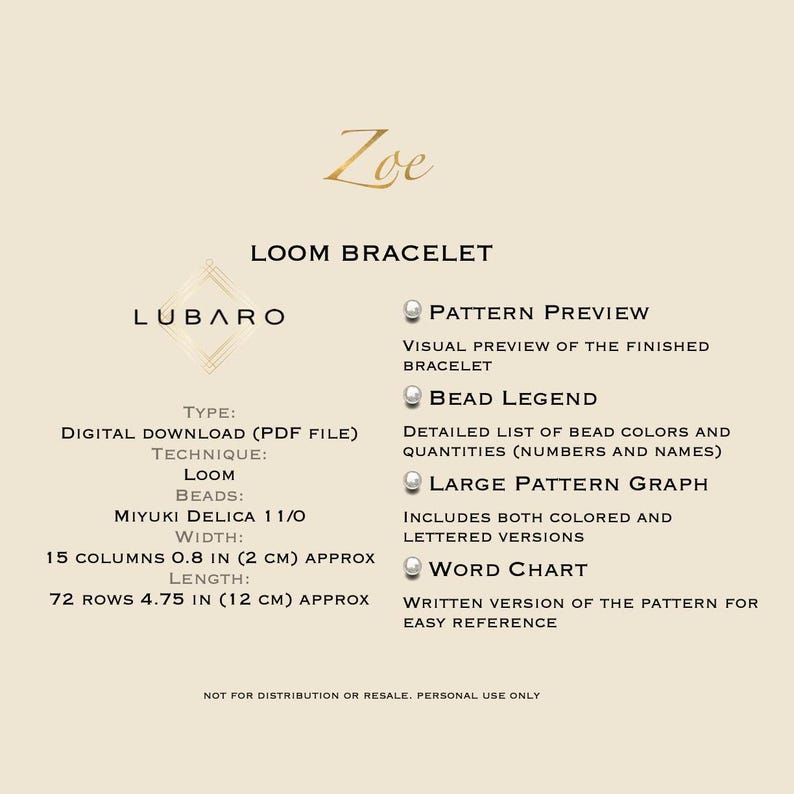 Puede incluir: Un patr&oacute;n de descarga digital para un brazalete de telar llamado "Zoe" de Lubaro. El patr&oacute;n incluye una leyenda de cuentas, un gr&aacute;fico de patr&oacute;n grande y una tabla de palabras. El brazalete tiene 2 cm de ancho y 12 cm de largo.