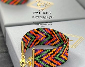 Geometric Loom Bead Bracelet Pattern, Miyuki Delica Modern Pattern, Halloween Colors Beading Diagram - Tango