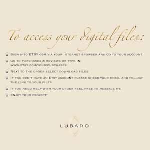 May include: Instructions on how to access digital files purchased on Etsy.com. The instructions include signing into Etsy.com, going to purchases and reviews, selecting download files, and checking email for a link to the files if you don't have an Etsy account.