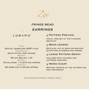 K&ouml;nnte beinhalten: Digitaler Download-Muster f&uuml;r Fransenohrringe namens "Zoe" von Lubaro. Das Muster enth&auml;lt eine visuelle Vorschau, eine Perlenlegende, ein gro&szlig;es Musterdiagramm und ein Wortdiagramm. Die Ohrringe sind aus Miyuki Delica 11/0 Perlen gefertigt und 2,5 cm breit und 8 cm lang.
