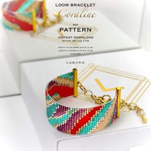 Abstrakcyjny wzór na bransoletkę z kolorowego krosna: koraliki Miyuki Delica (wzór PDF) - Coraline