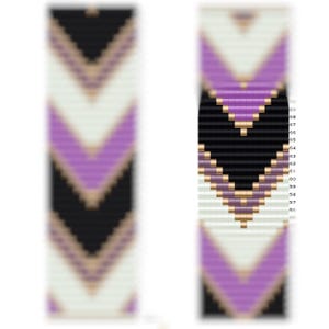 May include: A beaded bracelet with a chevron pattern in black, white, purple, and gold beads.