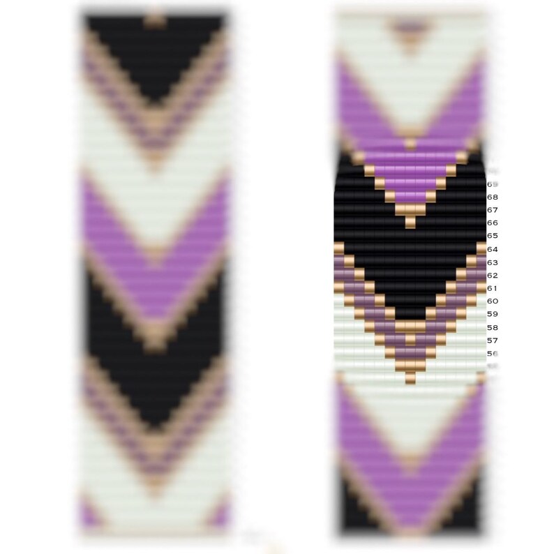 May include: A beaded bracelet with a chevron pattern in black, white, purple, and gold beads.