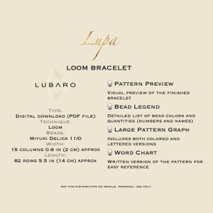 May include: A digital download pattern for a loom bracelet. The pattern includes a visual preview of the finished bracelet, a bead legend, a large pattern graph, and a word chart. The bracelet is made with Miyuki Delica 11/0 beads and measures 0.8 inches wide and 5.5 inches long.