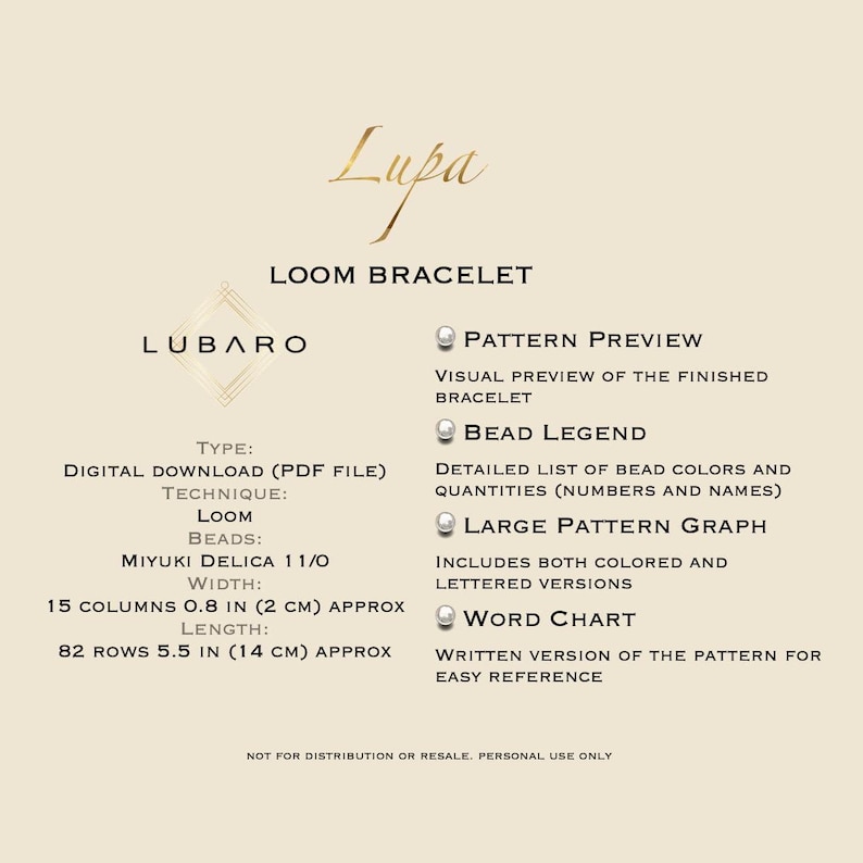 May include: A digital download pattern for a loom bracelet. The pattern includes a visual preview of the finished bracelet, a bead legend, a large pattern graph, and a word chart. The bracelet is made with Miyuki Delica 11/0 beads and measures 0.8 inches wide and 5.5 inches long.