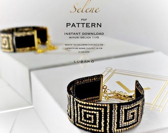 Schwarz Mixed Metals Loom Armband Muster: Geometrisch Miyuki Delica Gold Silber (PDF Muster) - Selene
