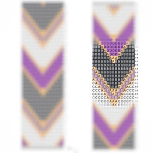 May include: A beaded bracelet with a chevron pattern in shades of purple, gray, white, and gold.
