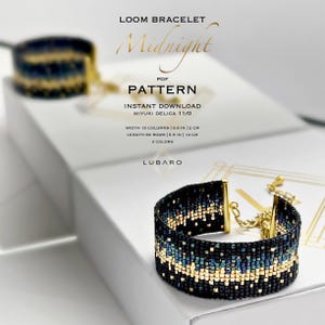 May include: A beaded loom bracelet in black, gold, and blue, with the word "Midnight" in gold script. The bracelet is 0.8 inches wide and 5.5 inches long. The text on the image says "PDF Pattern" and "Instant Download".