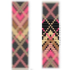 May include: A beaded bracelet with a geometric pattern in black, brown, pink, and beige.