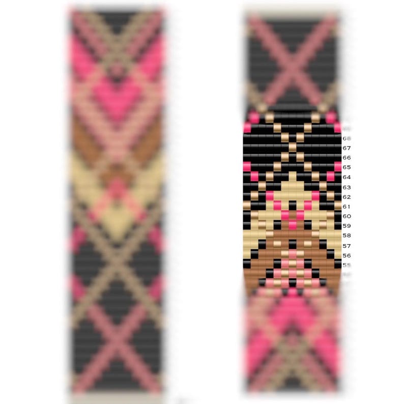 May include: A beaded bracelet with a geometric pattern in black, brown, pink, and beige.