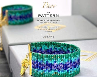 Blue Turquoise Green Miyuki Delica Loom Bracelet Pattern: Ombre Beaded Graph (PDF Pattern) - Pavo