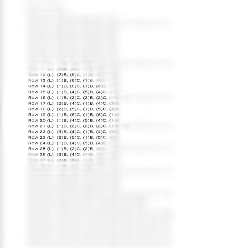 May include: A black and white image of a grid with numbers and letters. The grid is labeled "Row" and each row has a number and a letter. The numbers and letters are in a pattern.