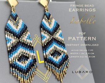Blue, White and Gold Beaded Fringe Earrings Pattern, Miyuki Delica Bead Weaving Pattern - Isabelle