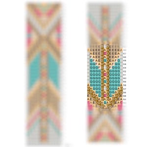 May include: A colorful beaded bracelet with a geometric pattern in shades of brown, beige, pink, blue, and turquoise.