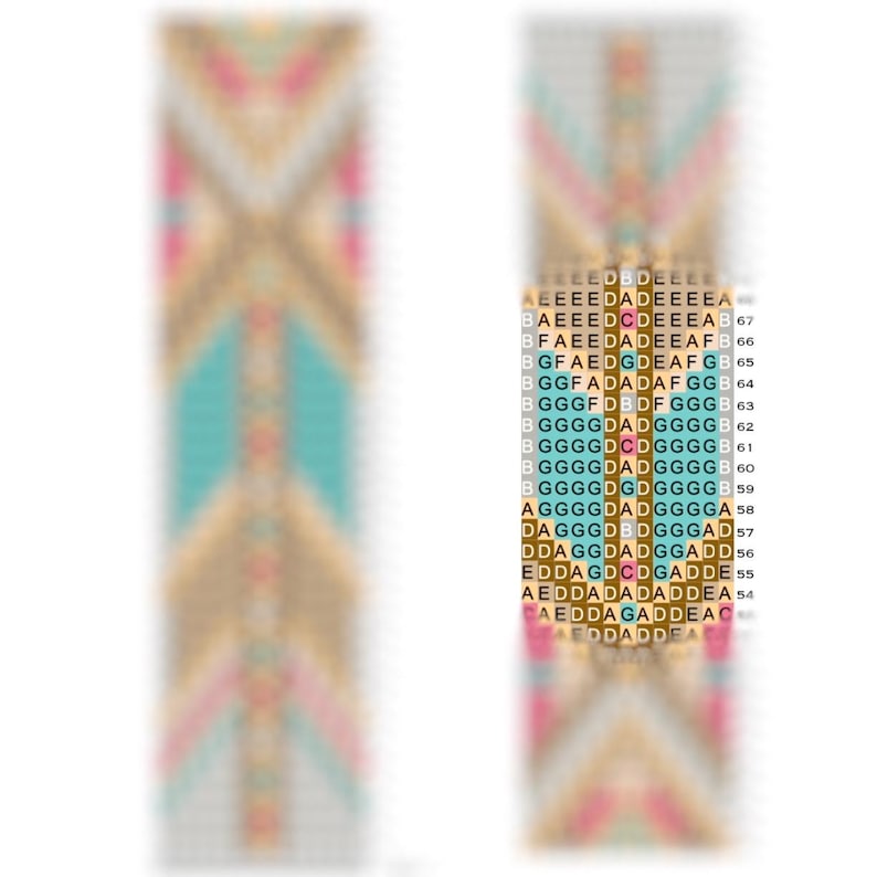 May include: A colorful beaded bracelet with a geometric pattern in shades of brown, beige, pink, blue, and turquoise.