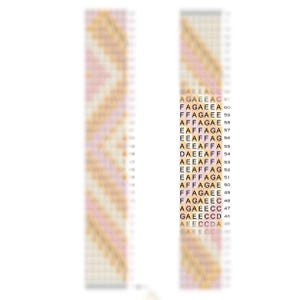 K&ouml;nnte beinhalten: Ein Armband aus Perlen mit einem Muster aus rosa und goldenen Perlen. Das Armband ist mit einem Webstuhl hergestellt und hat ein sich wiederholendes Perlenmuster. Das Muster ist auf beiden Seiten des Armbands sichtbar.