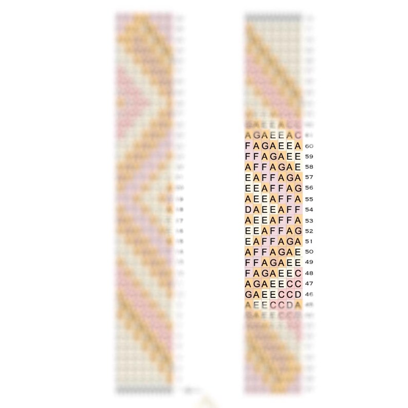 K&ouml;nnte beinhalten: Ein Armband aus Perlen mit einem Muster aus rosa und goldenen Perlen. Das Armband ist mit einem Webstuhl hergestellt und hat ein sich wiederholendes Perlenmuster. Das Muster ist auf beiden Seiten des Armbands sichtbar.
