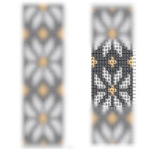 May include: Black and white pixel art design featuring a pattern of stylized flowers with yellow centers. The design is repeated vertically.