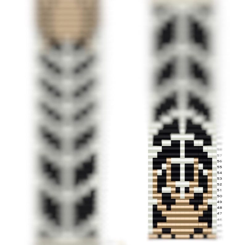May include: A black and white beaded bracelet with a brown and white beaded design in the center. The bracelet is made with small, round beads and has a chevron pattern.