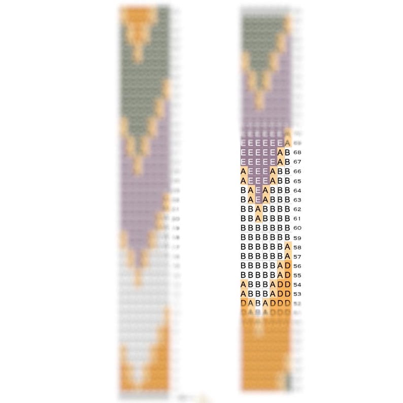 May include: A beaded bracelet with a geometric pattern in shades of purple, gray, and orange. The beads are arranged in a symmetrical design, creating a visually appealing and intricate piece of jewelry.
