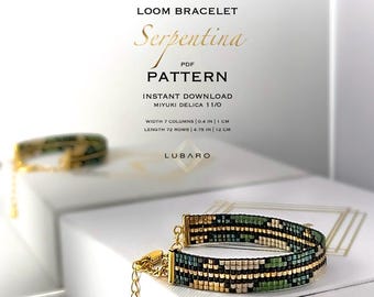 Green Gold Miyuki Delica Loom Bracelet Pattern: Animal Print Design (PDF Pattern) Serpentina