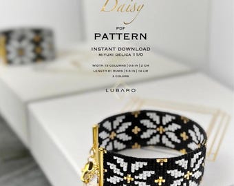 Black White Gold Flower Bracelet Loom Pattern: Miyuki Delica Floral Design  (PDF Pattern) - Daisy