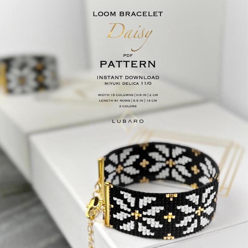Black White Gold Flower Bracelet Loom Pattern: Miyuki Delica Floral Design (PDF Pattern) - Daisy image 1