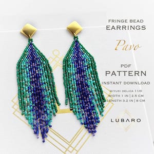 May include: A PDF pattern for beaded fringe earrings called "Pavo". The earrings are green, blue, and purple with a gold top. The pattern is for Miyuki Delica 11/0 beads and the finished earrings are 1 inch wide and 3.2 inches long.