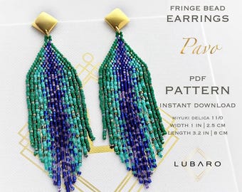 Türkis Blau Grün Rocailles Perlen Fransen Ohrringe Muster: Ombre Peacock Design (PDF Muster) - Pavo