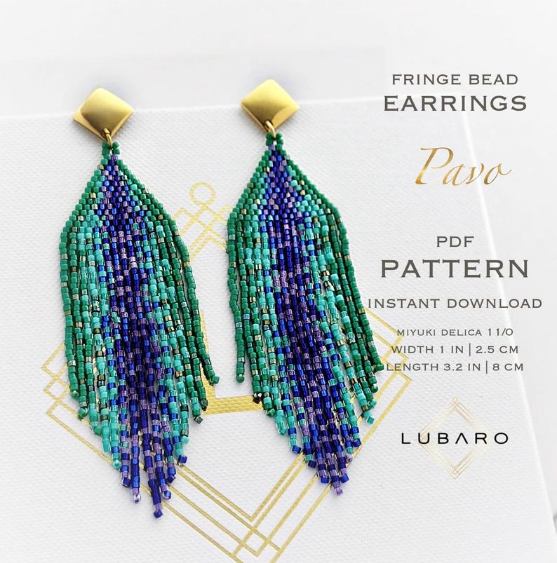 ombre print bead earrings pattern, peacock colors for Miyuki Delica beading