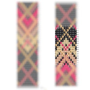 May include: A beaded bracelet with a geometric pattern in black, white, beige, pink, and red.