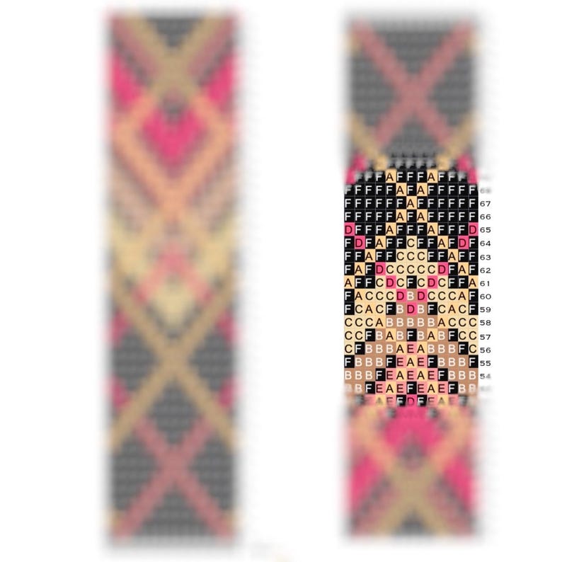 May include: A beaded bracelet with a geometric pattern in black, white, beige, pink, and red.