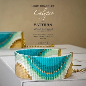 May include: A loom bracelet with a turquoise, gold, and white beaded design. The bracelet is labelled "Calypso" and the pattern includes the text "Width 2 cm" and "Length 14 cm". The pattern is an instant download.