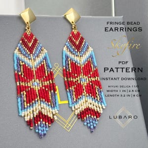 Beaded Red and Blue Fringe Earrings Pattern, Brick Stitch and Fringe DIY Beaded Earrings, Miyuki Delica Ethnic Pattern - Skyfire