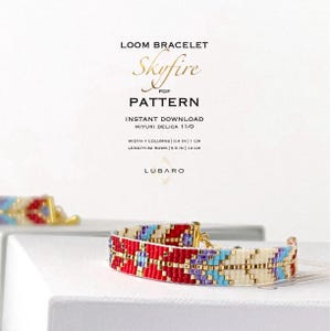 May include: A loom bracelet pattern for a colorful beaded bracelet called "Skyfire". The pattern is for a bracelet that is 5.5 inches long and 0.4 inches wide, using Miyuki Delica 11/0 beads. The pattern is available as an instant download.