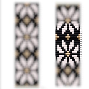 May include: A beaded bracelet with a white, black, and gold geometric pattern. The pattern features a repeating daisy design.
