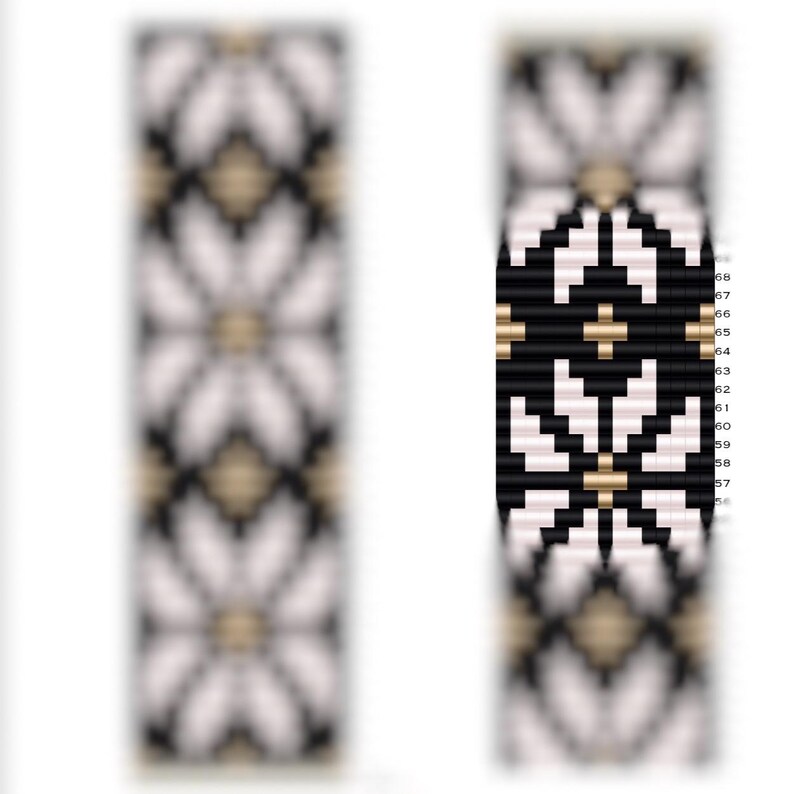 May include: A beaded bracelet with a white, black, and gold geometric pattern. The pattern features a repeating daisy design.