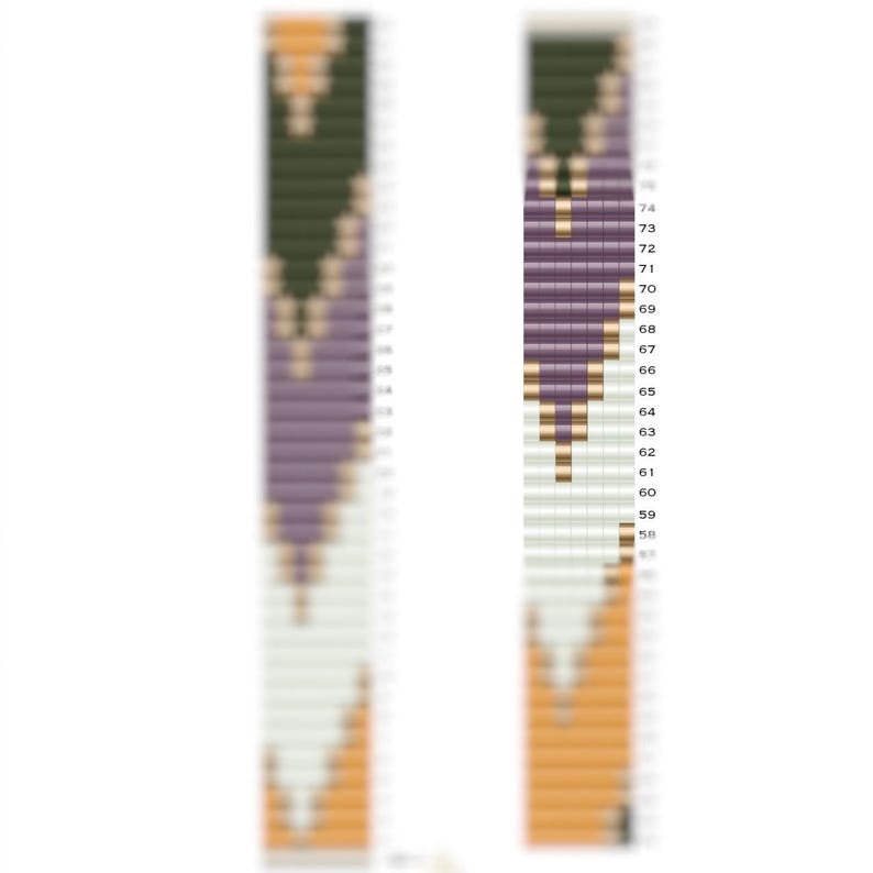 May include: A beaded bracelet with a geometric pattern in shades of purple, green, white, and orange.