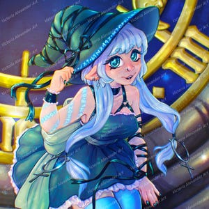 Op de afbeelding: Digitale kunstillustratie van een fantasiepersonage met een lichte huid, blauw haar en turquoise ogen. Het personage draagt een donkerblauwe jurk, een heksenhoed en blauwe kousen. De achtergrond toont een gouden klok en de tekst "Victoria Alexander Art".