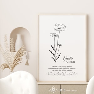 Birth Month Flower Print, Printable Wall Art, October Birth Month, Cosmos Print, Floral Line Art Print, Line Drawing, Minimal Print