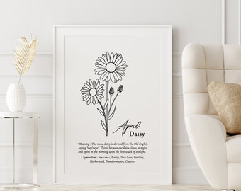 Birth Month Flower Print, Printable Wall Art, April Birth Month, Daisy Flower Print, Floral Line Art Print, Line Drawing, Minimal Print
