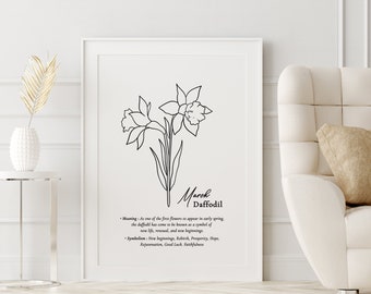 Birth Month Flower Print, Printable Wall Art, March Birth Month, Daffodil Flower Print, Floral Line Art Print, Line Drawing, Minimal Print