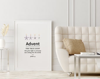 Advent Print, Advent Printable Wall Art, Advent Scripture Cards, Christmas Bible Verse Wall Art, John 1:9, Modern Scripture