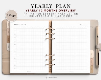 Yearly Planner Printable | Yearly 12 Months Overview Inserts | Yearly Schedule Refill | Year at a Glance Template | A4 A5 Letter Half