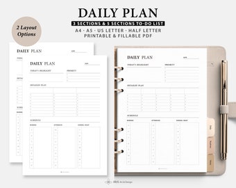 Daily Planner Template | 3 Sections & 5 Sections Priority To-Do List | Morning Afternoon Evening Daily Schedule | Day Planner Inserts