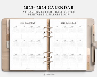 2023 2024 Yearly Calendar Planner Template | Year at a Glance Calendar PDF | Year on 1 Page | Printable, Editable PDF | A4 A5 Letter Half
