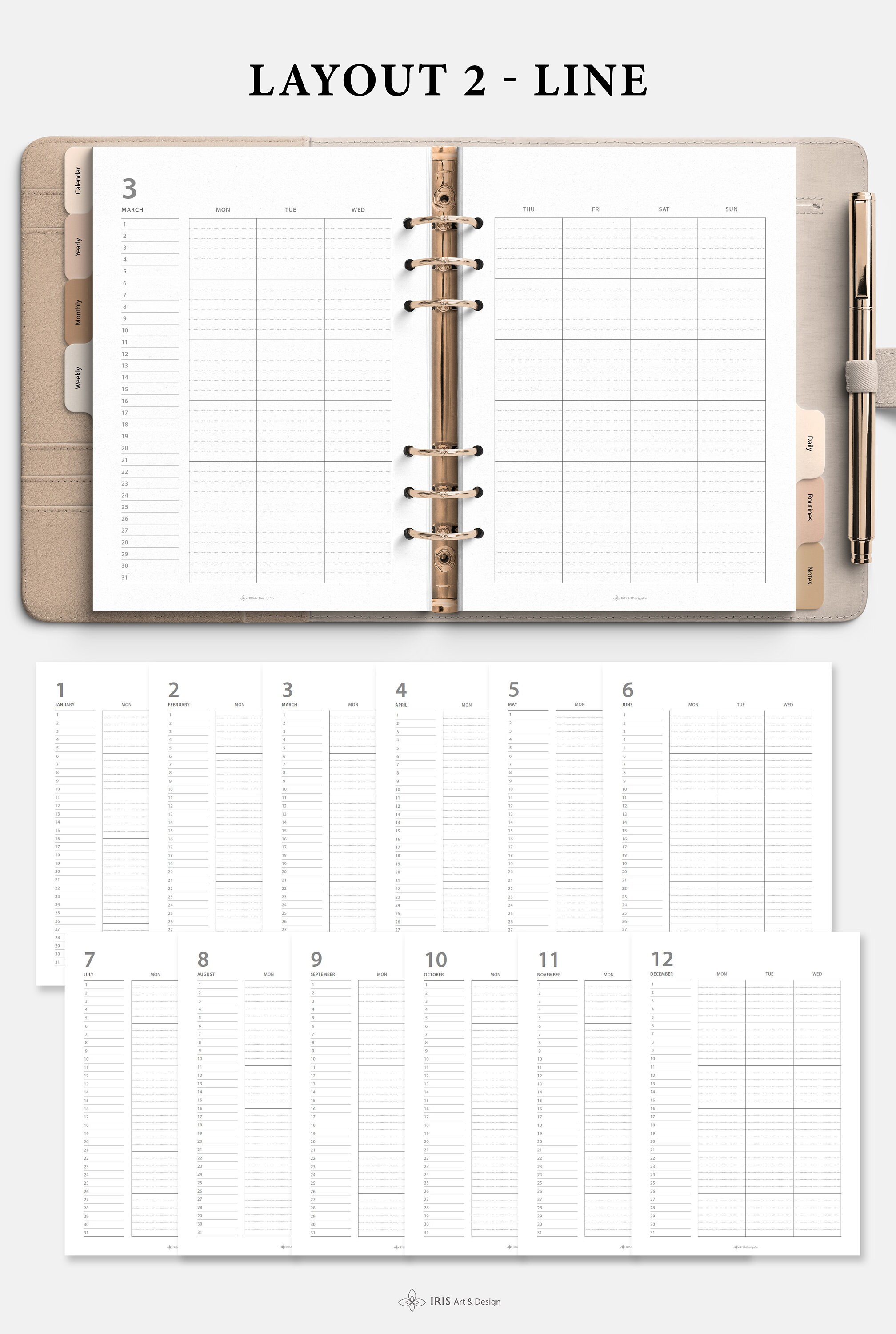 Month on 2 Pages Planner Calendar Refill – Sunday Start